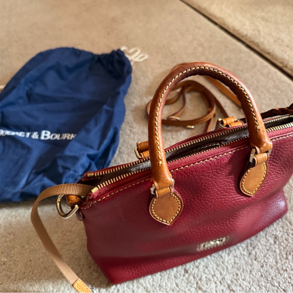 Dooney & Bourke Cranberry Pebbled Crossbody with Tan Trim